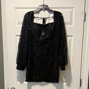 Elegant Long sleeved Black Sequin prom Dress thigh length